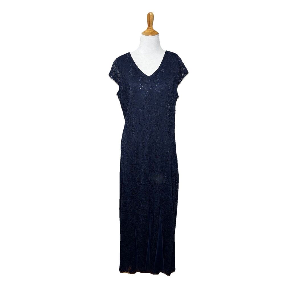Candalite Petite Navy Lace V neck Sequins Formal  Chiffon Whimsigoth Dress Sz PL